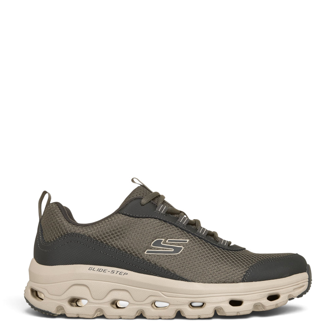ada-shoes.ro Skechers Glide-Step olive mesh sneakers with cushioned beige sole and lace-up closure