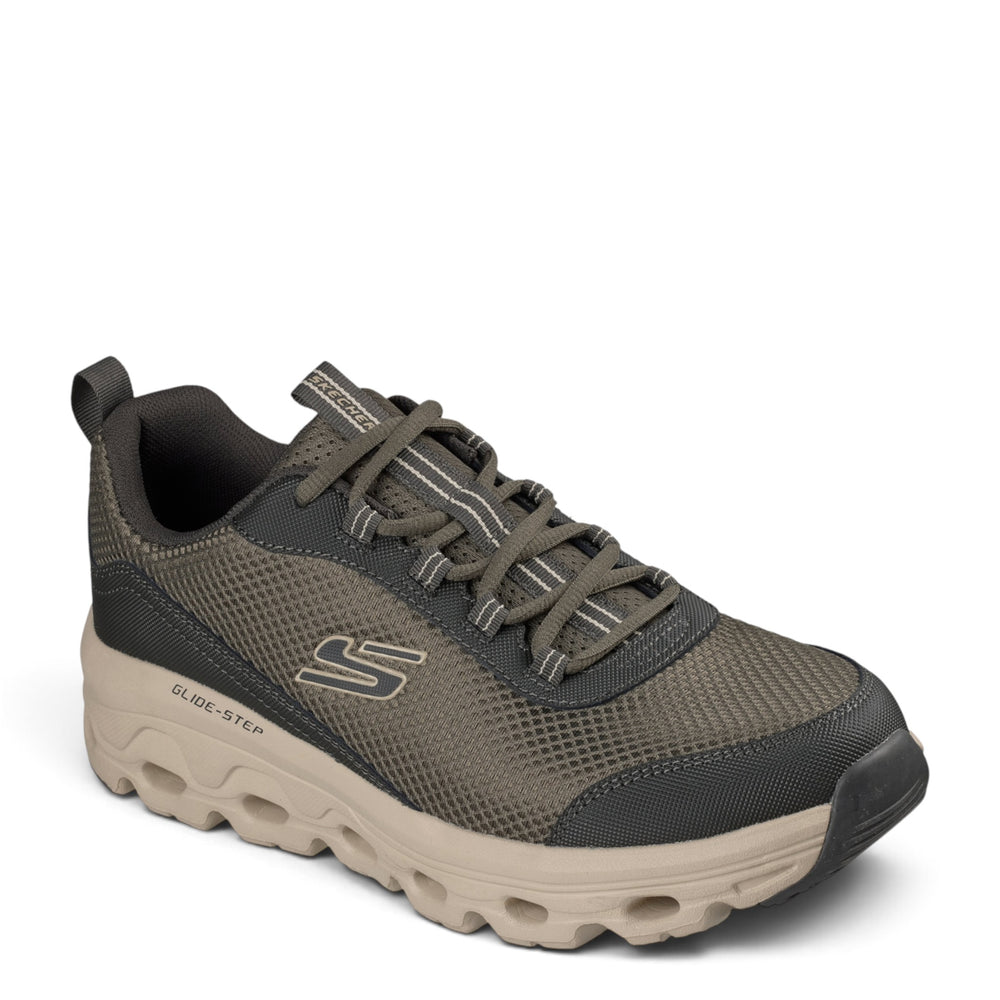 ada-shoes.ro Skechers Glide-Step olive mesh sneakers with cushioned beige sole and lace-up closure