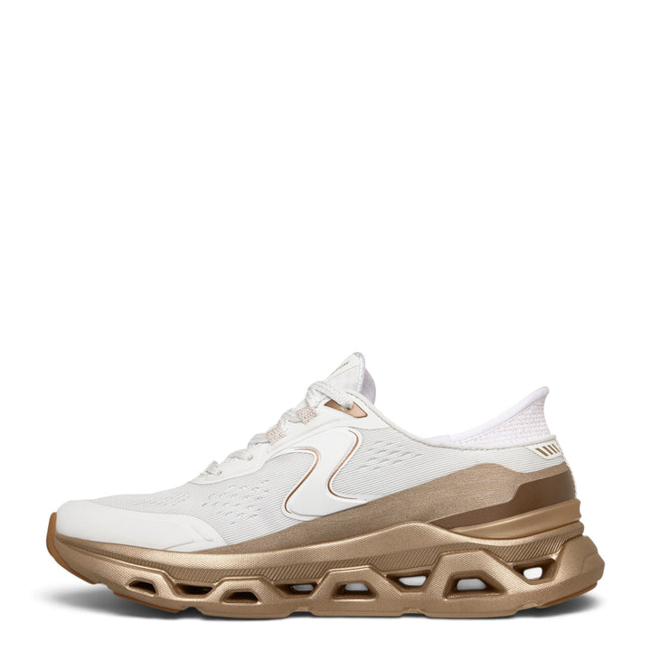 ada-shoes.ro Skechers Glide-Step Altus-Starlight Shine white trainers with metallic gold midsole and slip-in design.