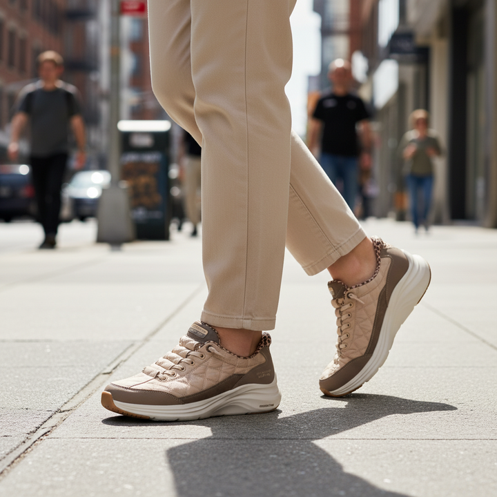 ada-shoes.ro Skechers Hands Free Slip-ins Contour Foam sneakers in beige with leopard print details on city street
