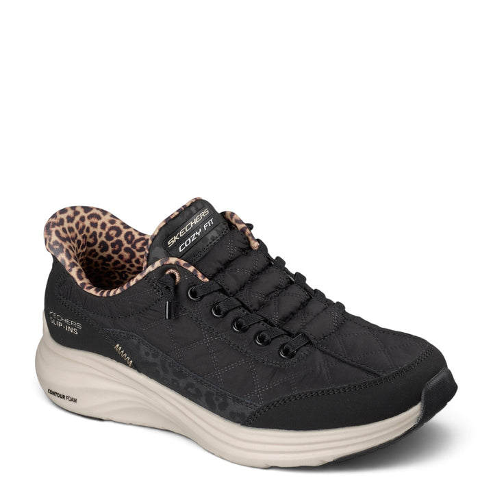 ada-shoes.ro Skechers Slip-ins Contour Foam sneakers in black with leopard print lining and beige cushioned sole