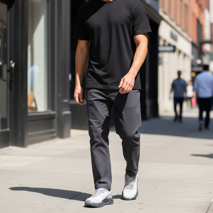 ada-shoes.ro Skechers Max Cushioning Glide-Step sneakers in grey and black worn by a man walking on a city sidewalk