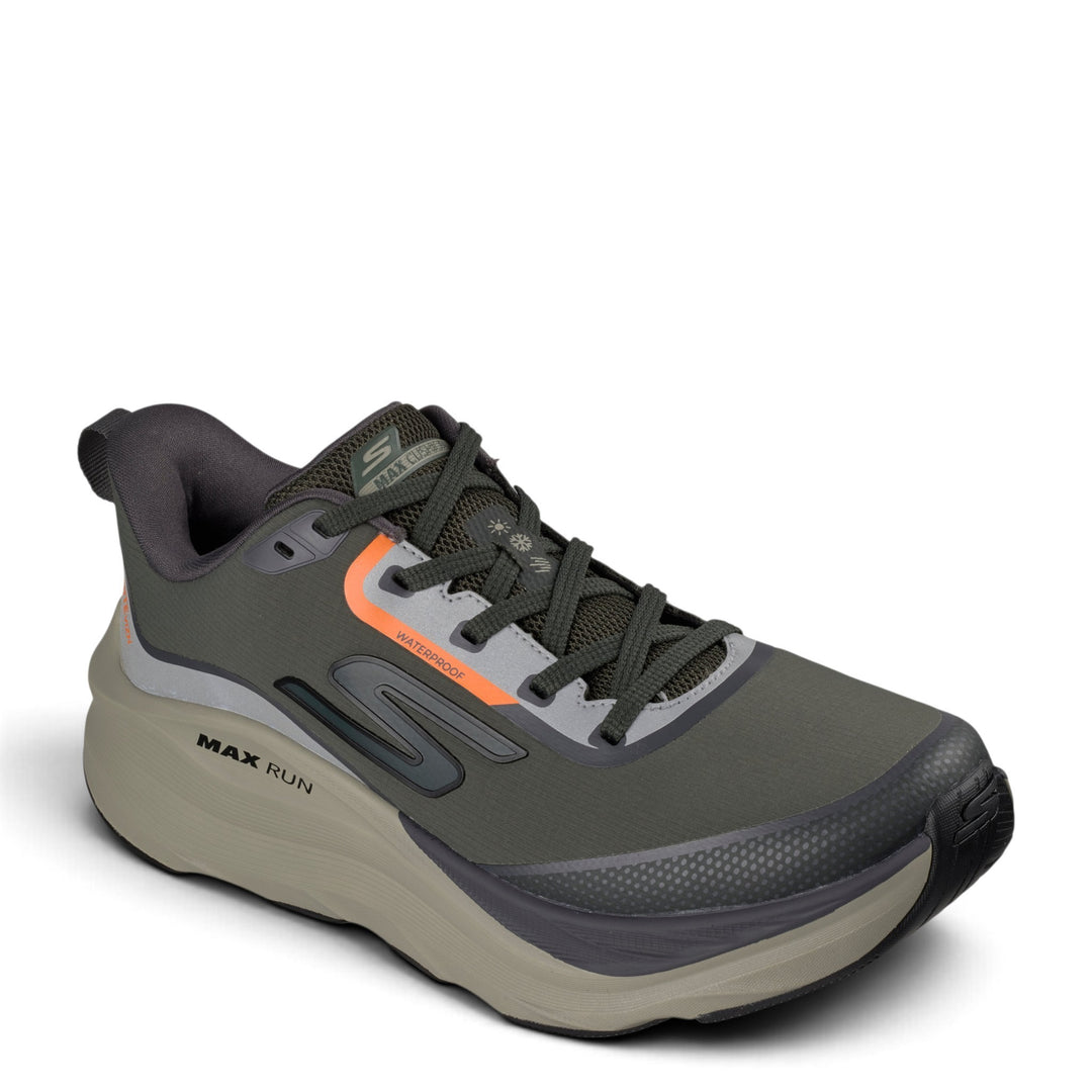 ada-shoes.ro Skechers Max Run Vorteza waterproof trainers in olive and grey with orange accents and Goodyear sole
