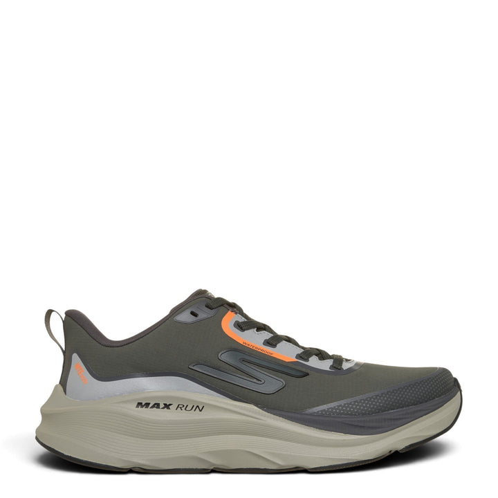 ada-shoes.ro Skechers Max Run Vorteza waterproof trainers in olive and grey with orange accents and Goodyear sole