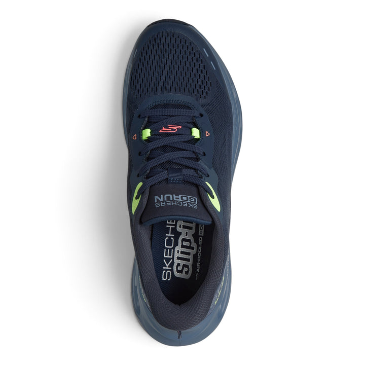 ada-shoes.ro Skechers Max Cushioning Glide-Step navy mesh running shoes with lime green accents and slip-in design