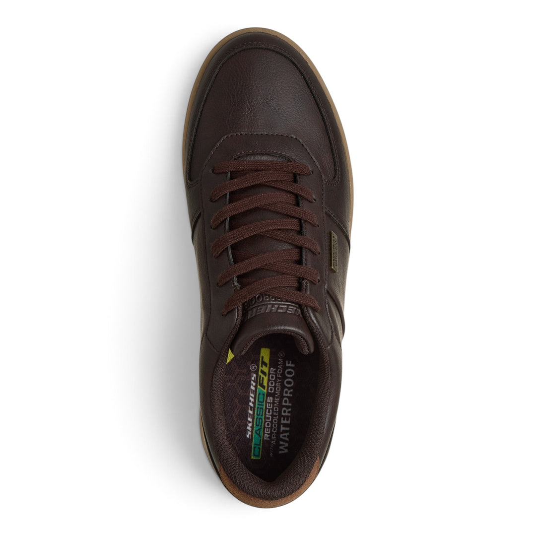 ada-shoes.ro Skechers Palmino Monty waterproof brown leather sneakers with memory foam insoles, top view.