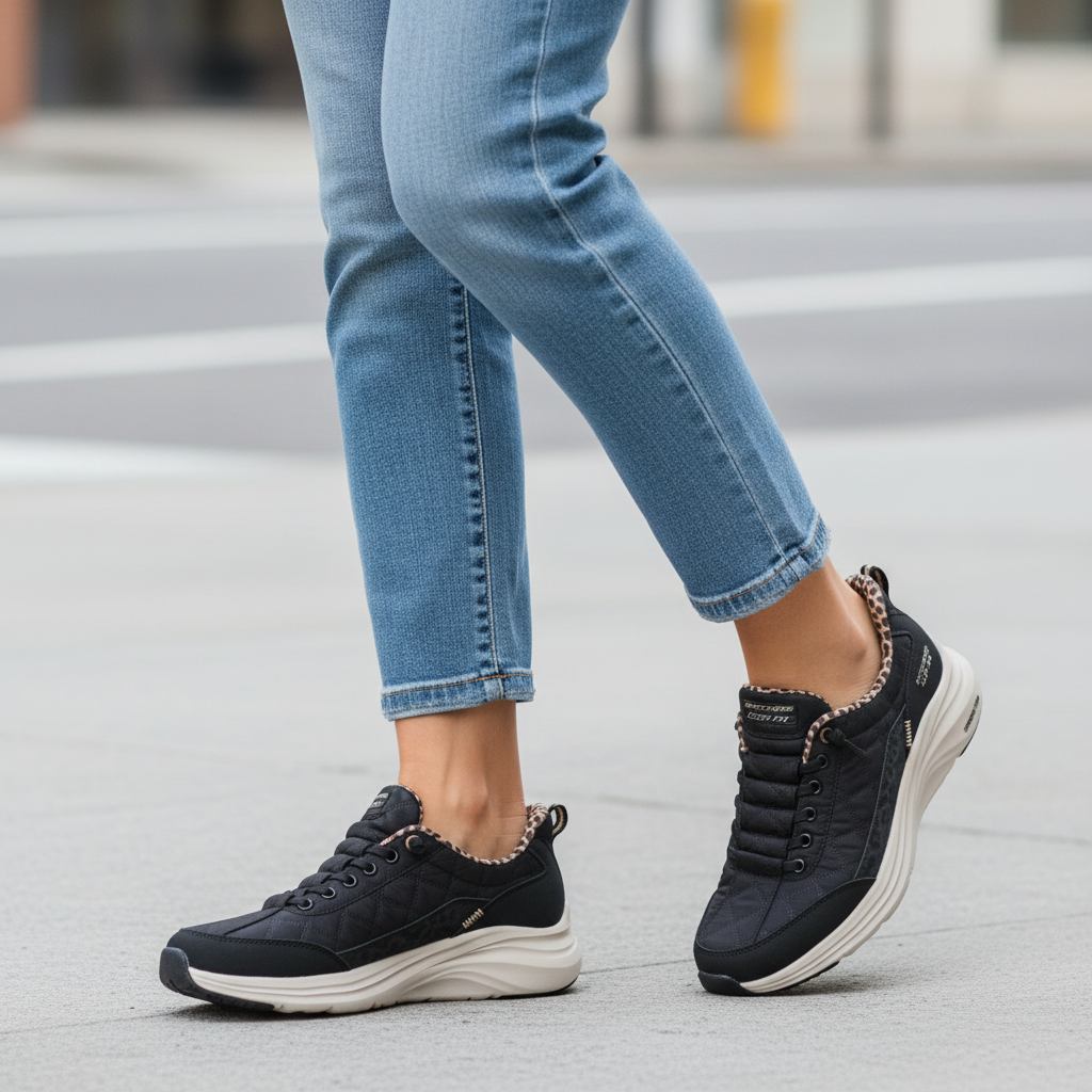 ada-shoes.ro Skechers Slip-ins Contour Foam sneakers in black with leopard print trim worn with blue jeans