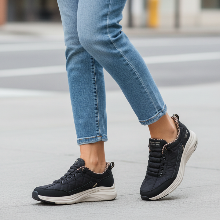 ada-shoes.ro Skechers Slip-ins Contour Foam sneakers in black with leopard print trim worn with blue jeans