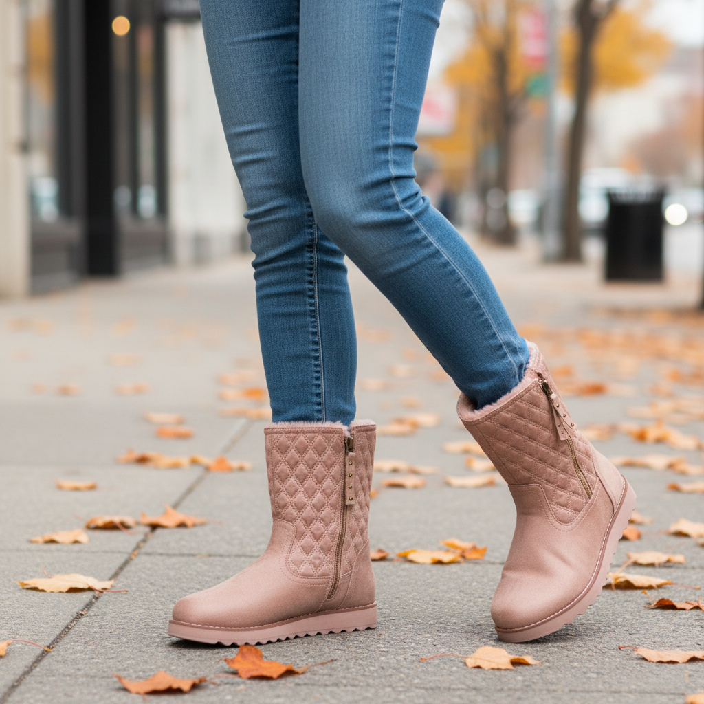 ada-shoes.ro Skechers Keepsakes 2.0 taupe quilted vegan boots with faux fur lining and side zipper worn on city street