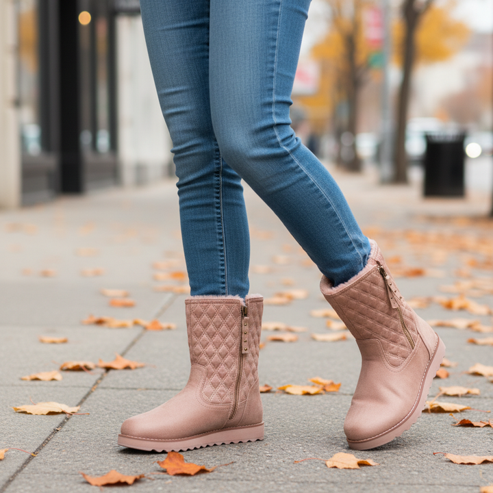 ada-shoes.ro Skechers Keepsakes 2.0 taupe quilted vegan boots with faux fur lining and side zipper worn on city street