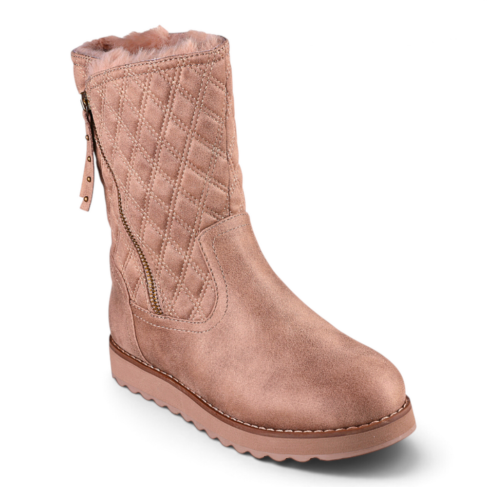 ada-shoes.ro Skechers Keepsakes 2.0 taupe quilted textile boots with faux fur lining and side zipper