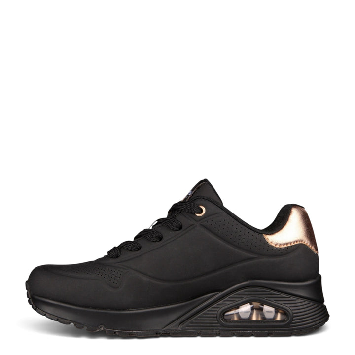ada-shoes.ro Skechers Uno Golden Air black sneakers with gold metallic heel detail and visible air cushioning sole