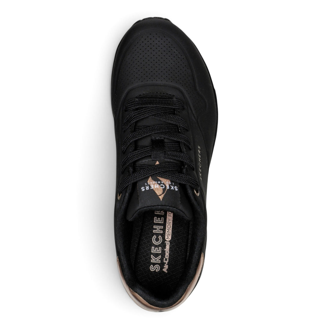 ada-shoes.ro Skechers Uno Golden Air black sneakers with gold accents and Air-Cooled Memory Foam insole, top view
