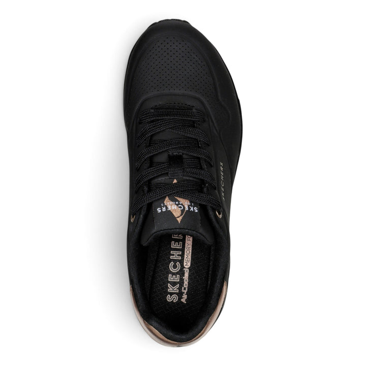 ada-shoes.ro Skechers Uno Golden Air black sneakers with gold accents and Air-Cooled Memory Foam insole, top view