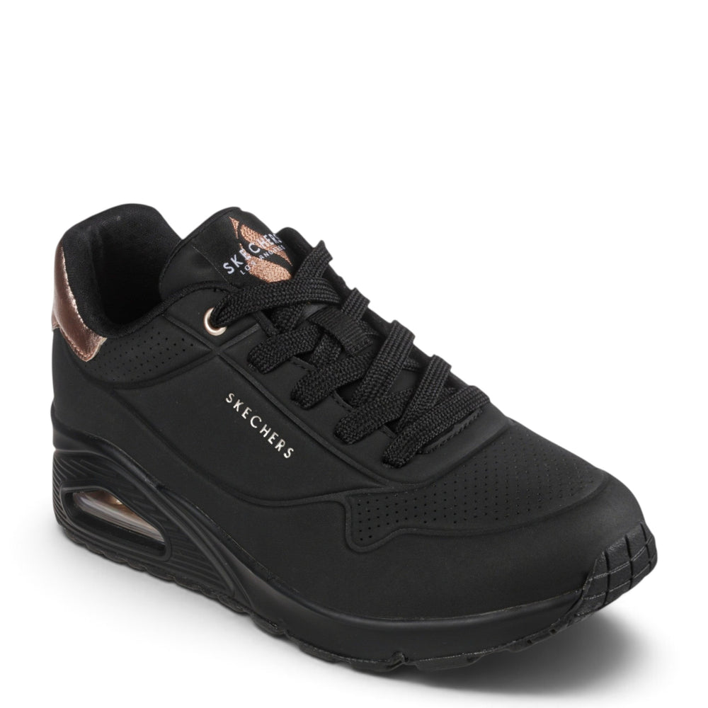 ada-shoes.ro Skechers Uno Golden Air black sneakers with gold accents, featuring Air-Cooled Memory Foam and wedge sole.