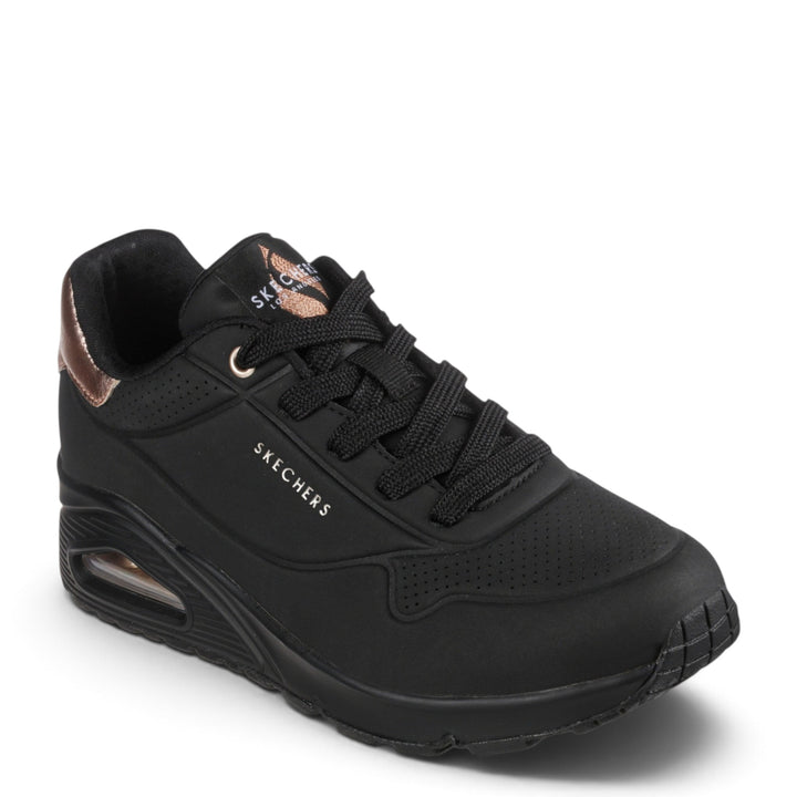 ada-shoes.ro Skechers Uno Golden Air black sneakers with gold accents, featuring Air-Cooled Memory Foam and wedge sole.