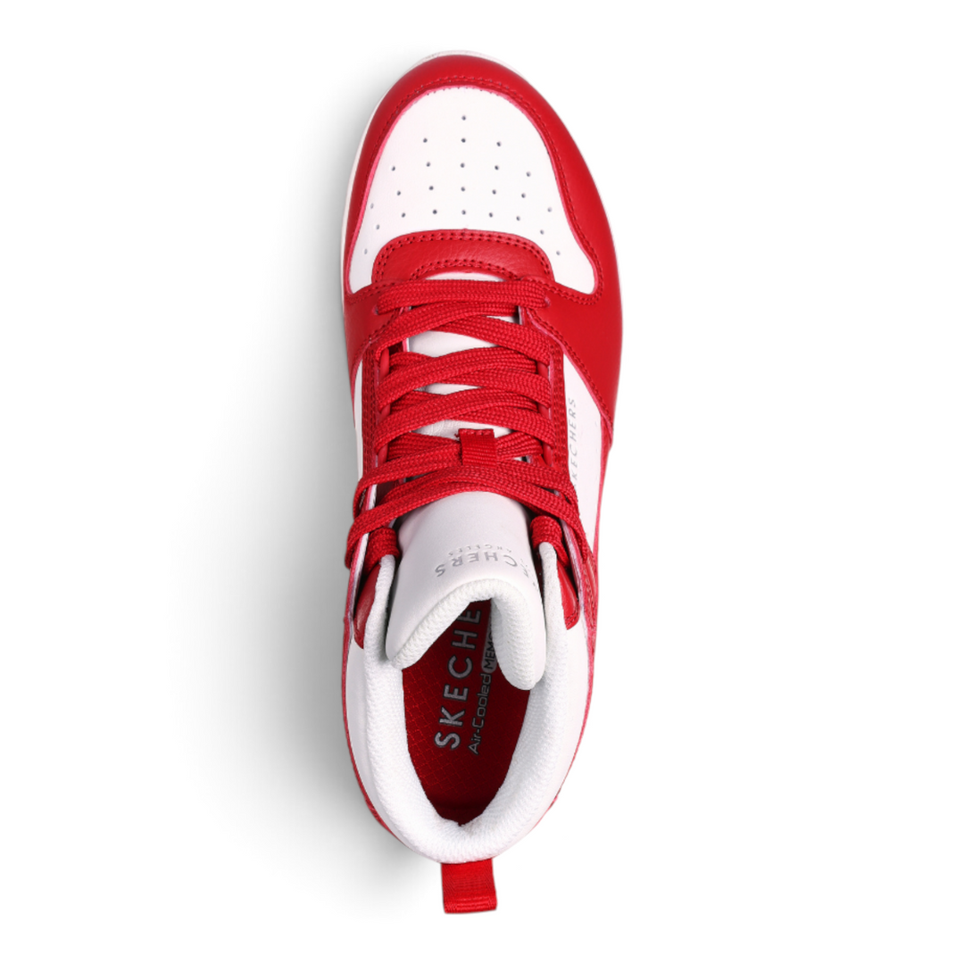 ada-shoes.ro Skechers Uno High Regards red and white faux leather high-top sneakers with lace-up closure.