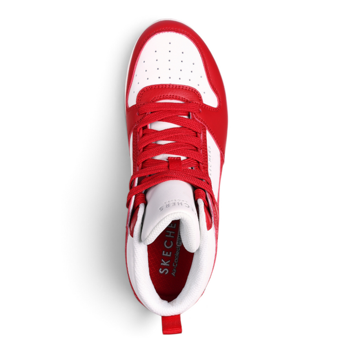 ada-shoes.ro Skechers Uno High Regards red and white faux leather high-top sneakers with lace-up closure.