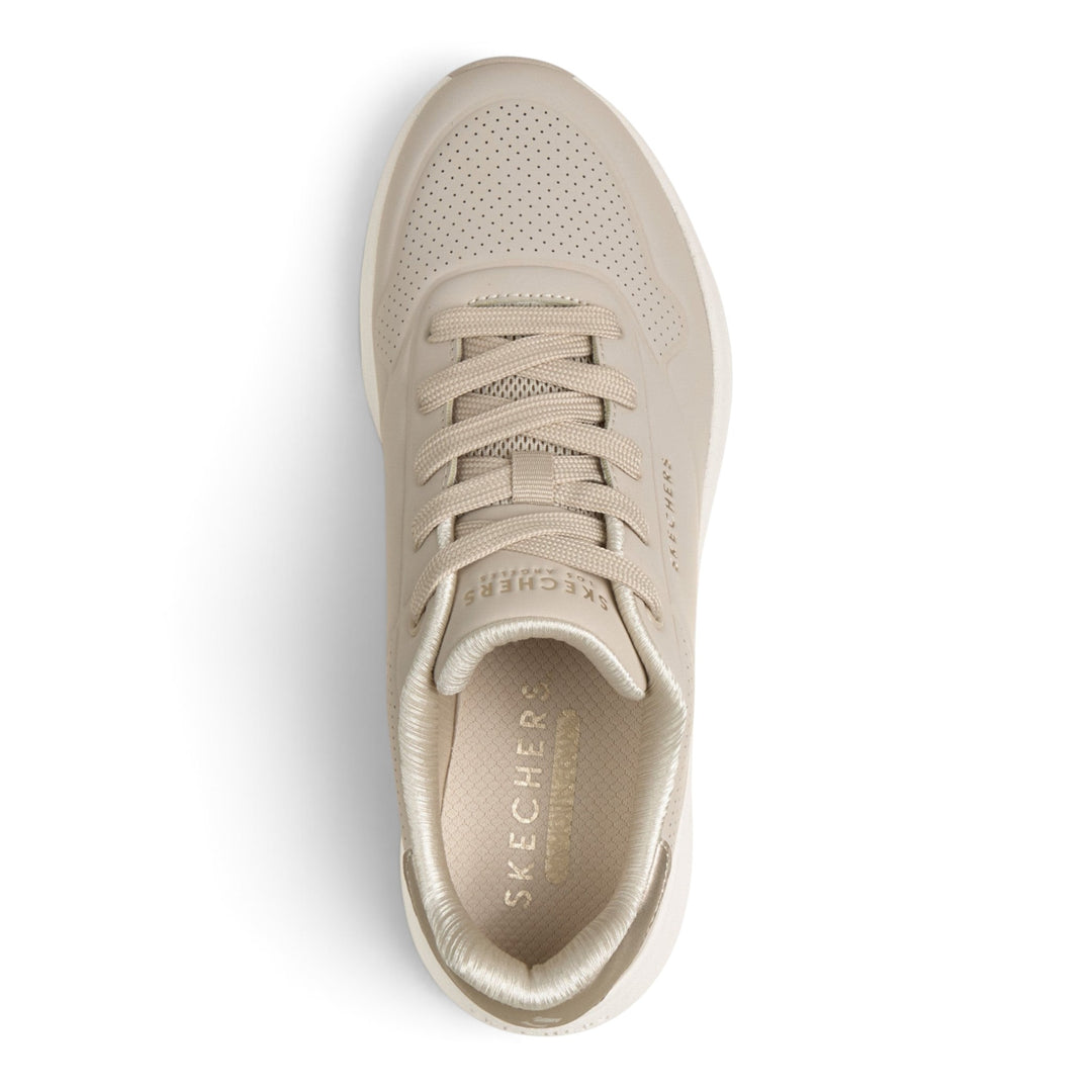 ada-shoes.ro Skechers Uno Lite 2 beige sneakers with perforated details, lace-up closure, and cushioned memory foam.