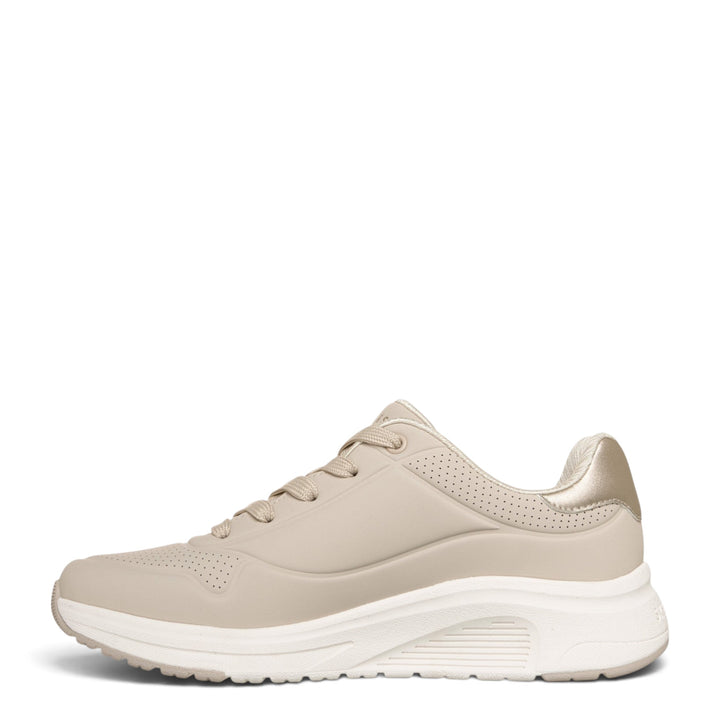 ada-shoes.ro Skechers Uno Lite 2 beige sneakers with perforated details, satin accents, and a cushioned white sole.