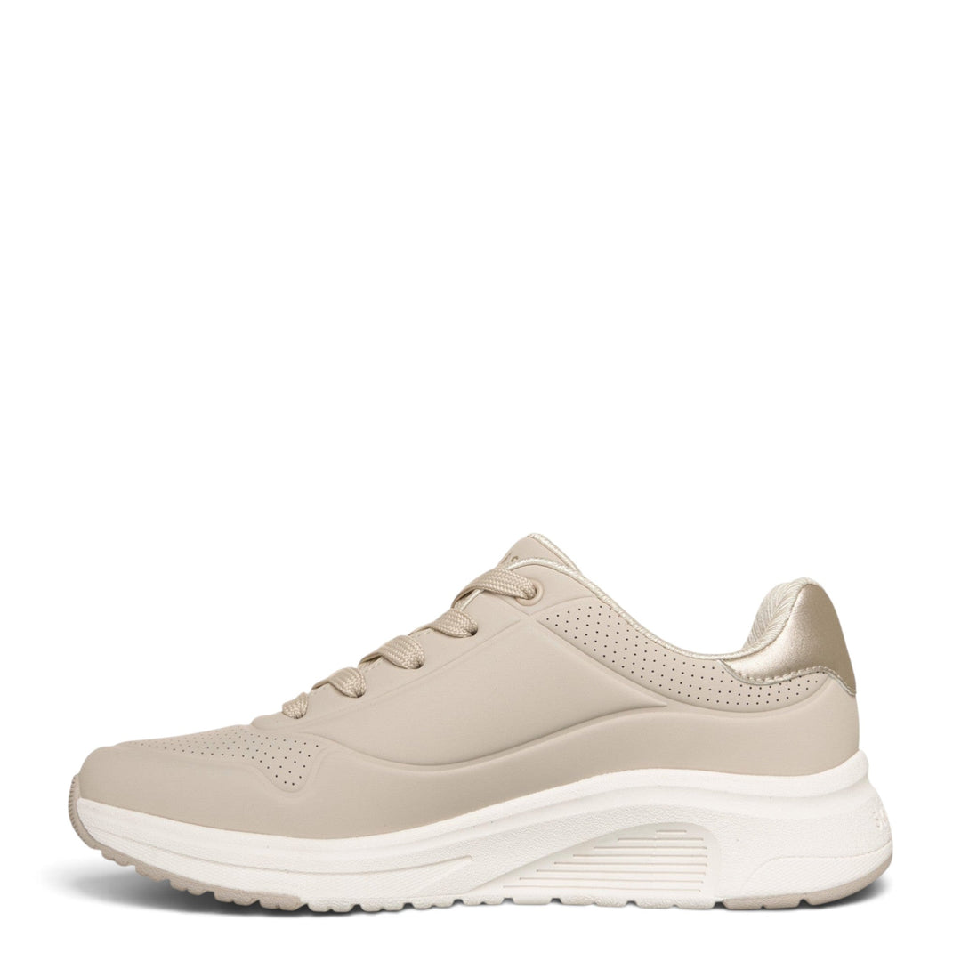 ada-shoes.ro Skechers Uno Lite 2 beige sneakers with perforated details, satin accents, and a cushioned white sole.
