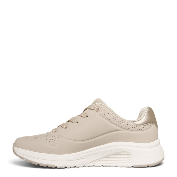 ada-shoes.ro Skechers Uno Lite 2 beige sneakers with perforated details, satin accents, and a cushioned white sole.