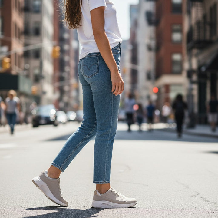 ada-shoes.ro Skechers Uno Lite 2 beige sneakers worn by a woman with blue jeans and a white t-shirt on a city street