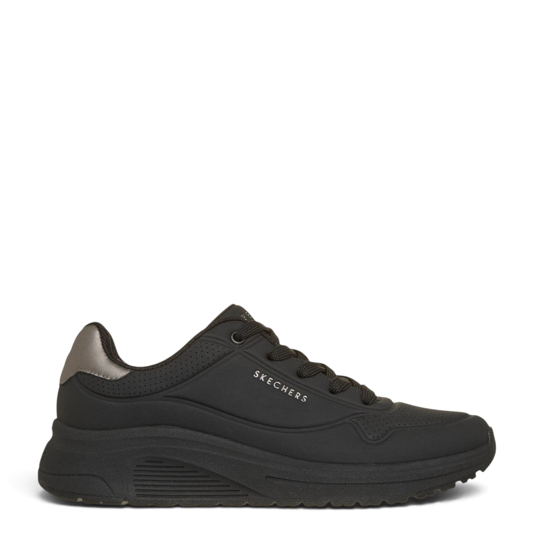 ada-shoes.ro Skechers Uno Lite 2 black sneakers with lace-up closure, thick cushioned sole, and metallic heel detail.