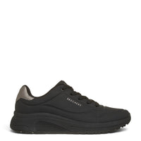 ada-shoes.ro Skechers Uno Lite 2 black sneakers with lace-up closure, thick cushioned sole, and metallic heel detail.