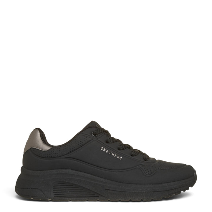 ada-shoes.ro Skechers Uno Lite 2 black sneakers with lace-up closure, thick cushioned sole, and metallic heel detail.