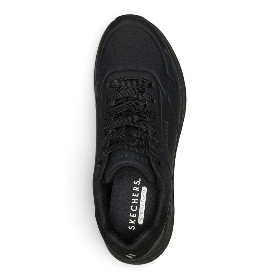 ada-shoes.ro Skechers Uno Lite all-black sneakers with Memory Foam insoles and perforated front detail, top view.