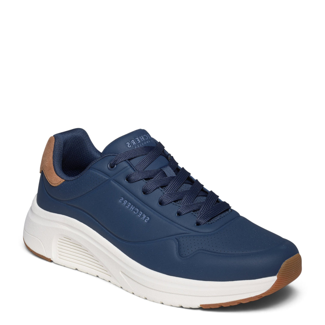 ada-shoes.ro Skechers Uno Lite navy blue sneakers with brown accents, white cushioned sole, and perforated toe detail.