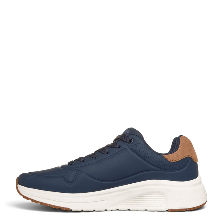 ada-shoes.ro Skechers Uno Lite navy blue sneakers with brown heel detail, white cushioned sole, and lace-up closure.