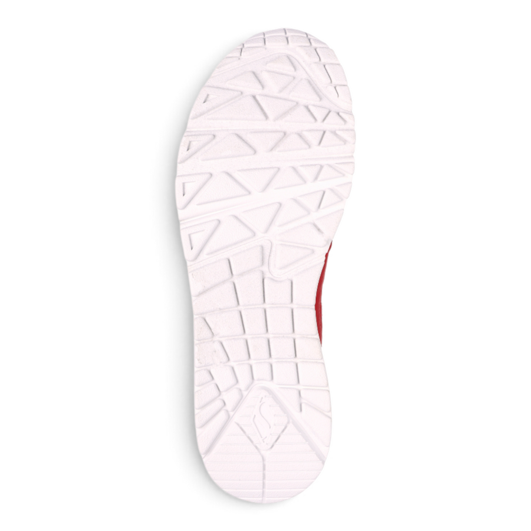 ada-shoes.ro Skechers Uno High Regards red sneaker showing the white textured rubber outsole with geometric grip pattern