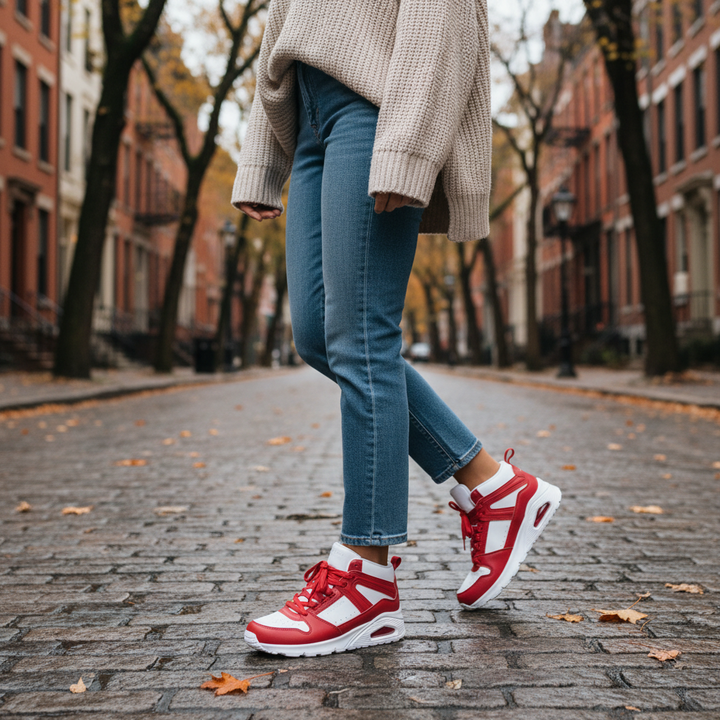 ada-shoes.ro Skechers Uno High Regards red and white faux leather sneakers worn with jeans on a city street