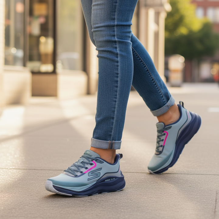 ada-shoes.ro Skechers Max Run Vorteza waterproof sneakers in light blue with pink accents worn on a city sidewalk