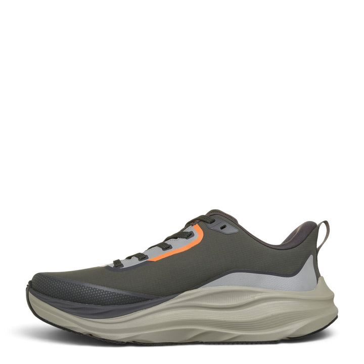 ada-shoes.ro Skechers Max Run Vorteza waterproof trainers in olive and grey with orange accents and Goodyear sole