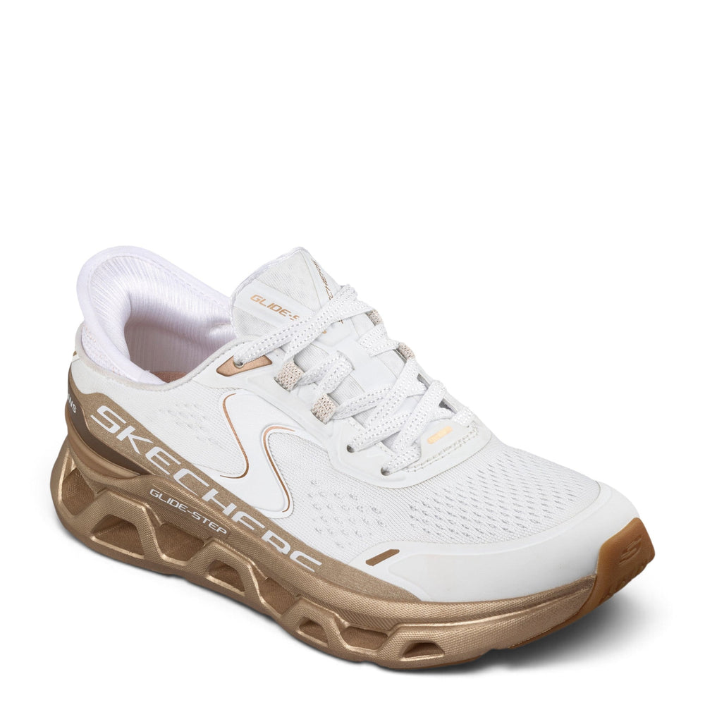 ada-shoes.ro Skechers Glide-Step Altus-Starlight Shine white trainers with gold midsole and memory foam cushioning