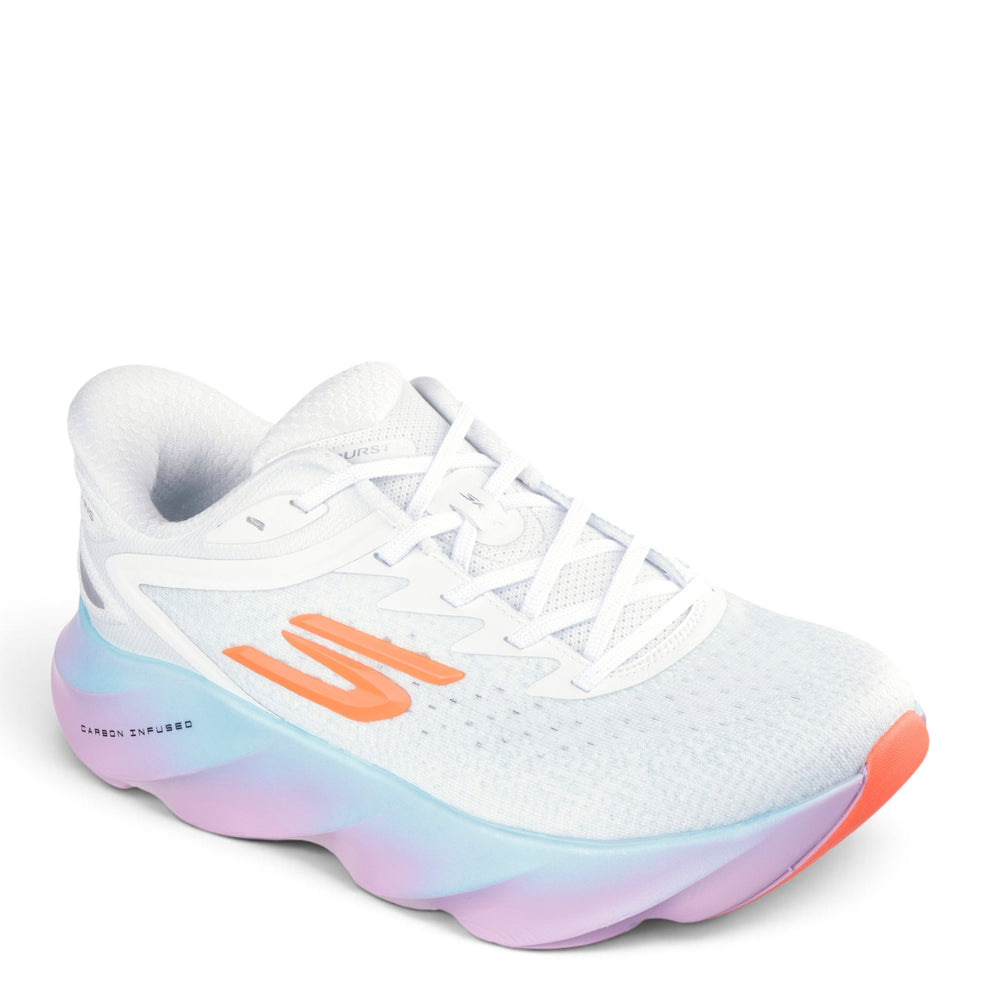 ada-shoes.ro Skechers SKX Aero Burst-Si white trainers with gradient sole, carbon plate, and orange logo detail.