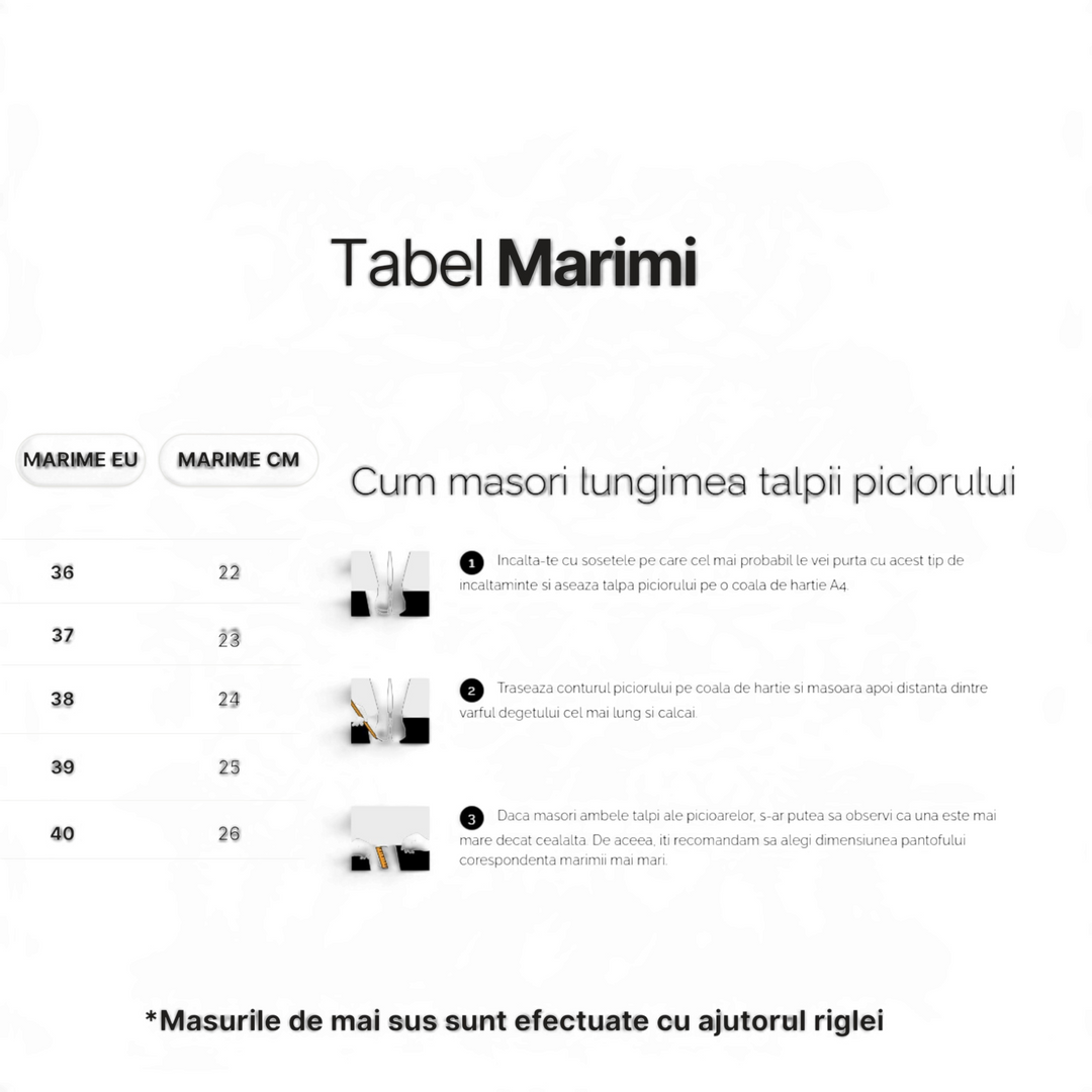 ada-shoes.ro size guide chart for Anna Viotti sneakers showing EU and CM measurements with foot measuring steps