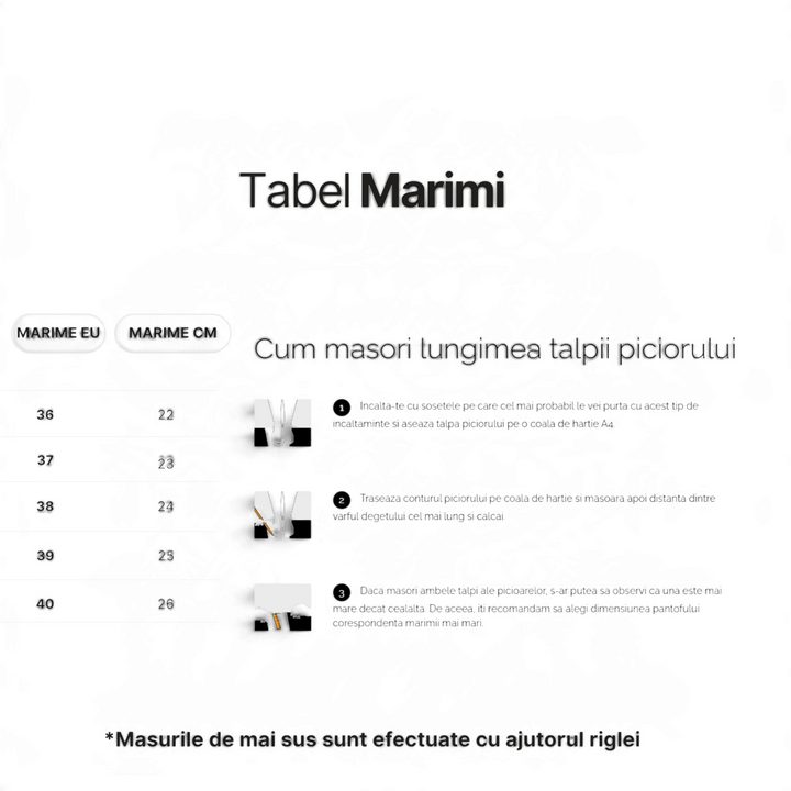 ada-shoes.ro size guide chart for Anna Viotti sneakers showing EU and CM measurements with foot measuring steps