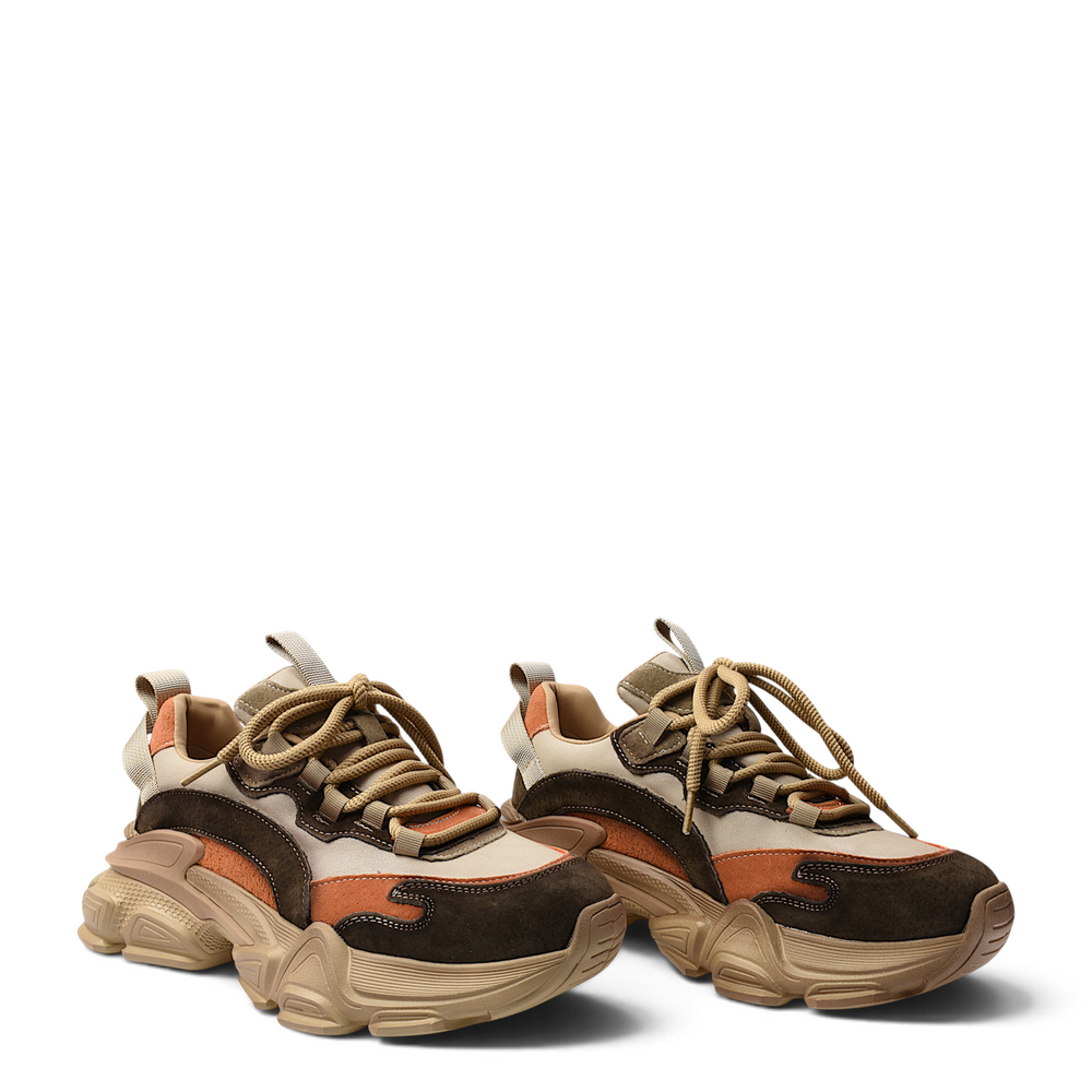 ada-shoes.ro women's suede sneakers in orange, beige, and brown with a chunky sole and lace-up closure.
