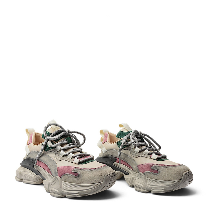 ada-shoes.ro Franco Gerardo suede sneakers in grey, black, and pink with a chunky sole and lace-up design.
