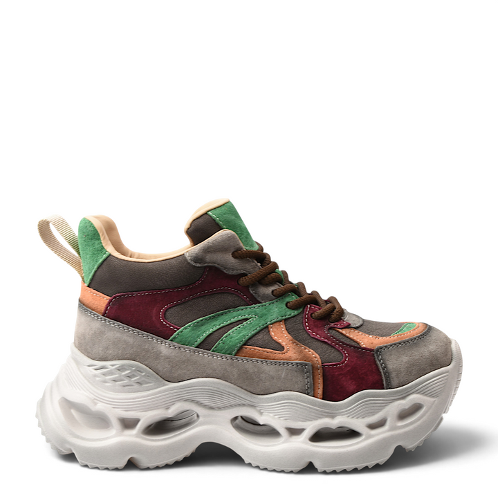 ada-shoes.ro suede sneakers in grey, green, and burgundy with a thick, chunky platform sole and lace-up closure.