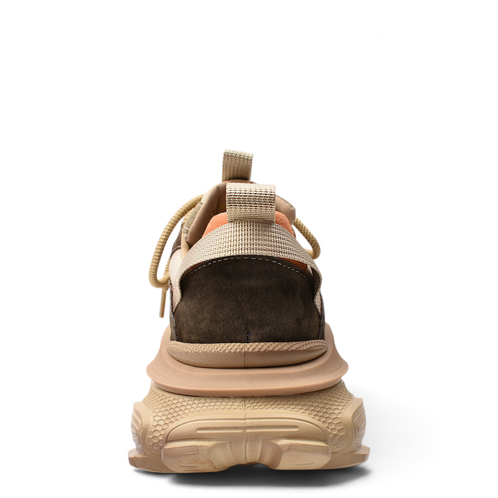 ada-shoes.ro suede sneakers in orange, beige, and brown with a chunky flexible sole, back view