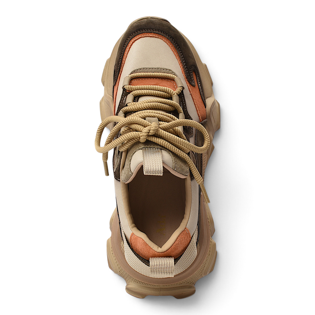 ada-shoes.ro suede sneakers in orange, beige, and brown with lace-up closure and chunky sole, top view