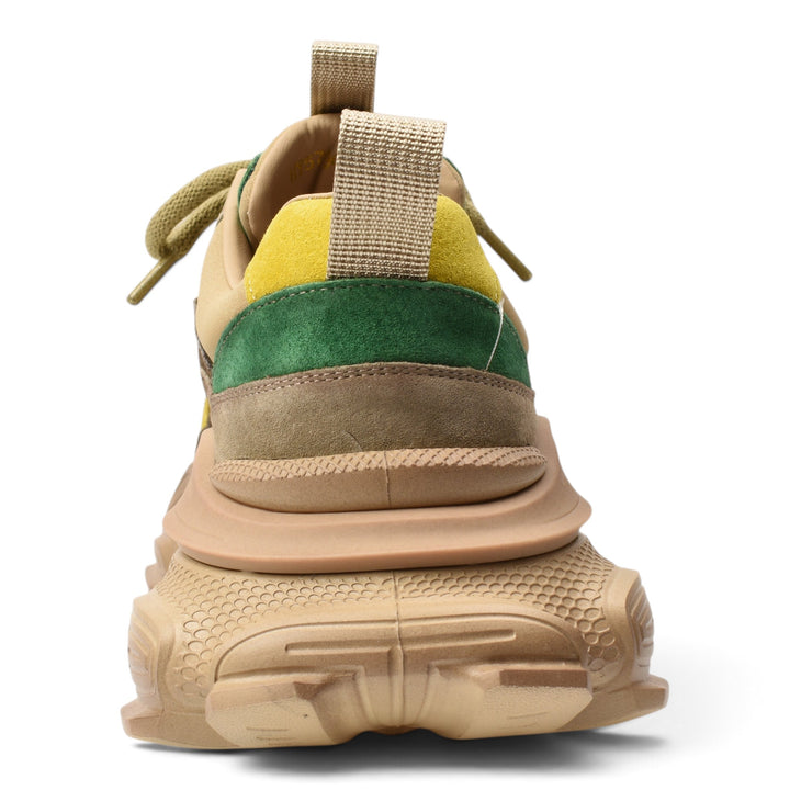 ada-shoes.ro yellow suede sneakers with green accents and a chunky platform sole viewed from the back