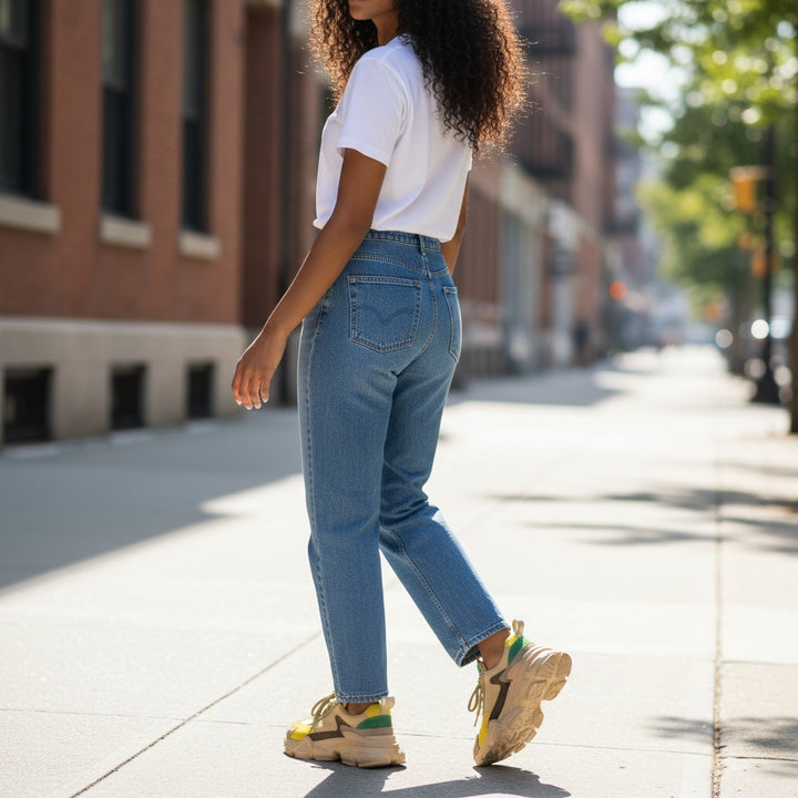 ada-shoes.ro yellow suede sneakers with a 5cm platform sole worn by a woman walking on a city street