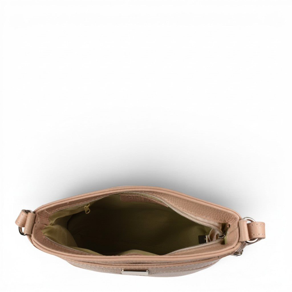 ada-shoes.ro nude leather crossbody bag with zipper closure and interior pockets, perfect for everyday use.