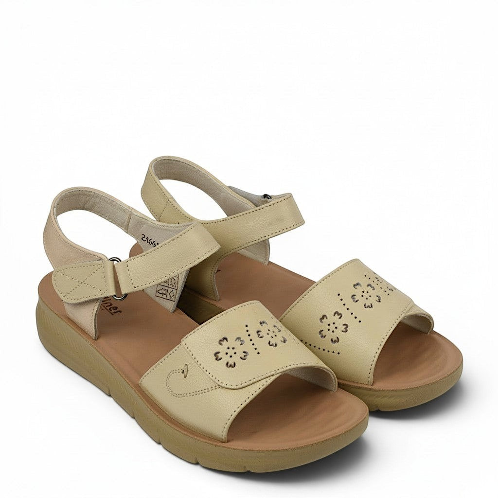 ada-shoes.ro beige natural leather casual sandals with adjustable velcro straps and perforated floral detail.